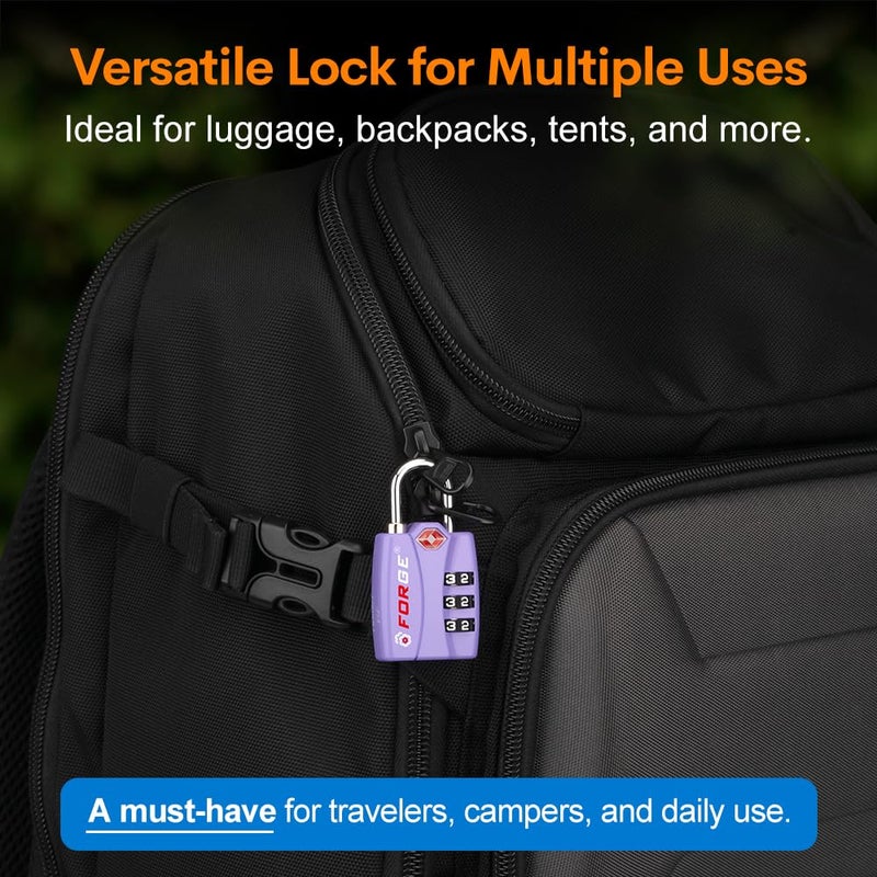 Forge Luggage Locks TSA Approved 2 Pack Purple, Small Combination Lock with Zinc Alloy Body, Open Alert, Easy Read Dials, for Travel Suitcase, Bag, Backpack, Lockers. - Image 5